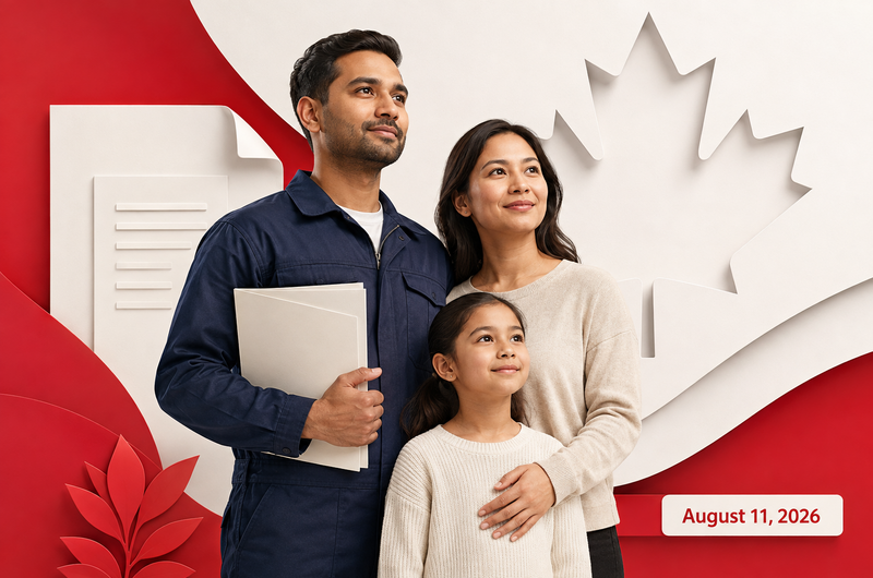 Editorial illustration representing Canadian work-permit guidance for foreign workers and their family members, dated August 11, 2026