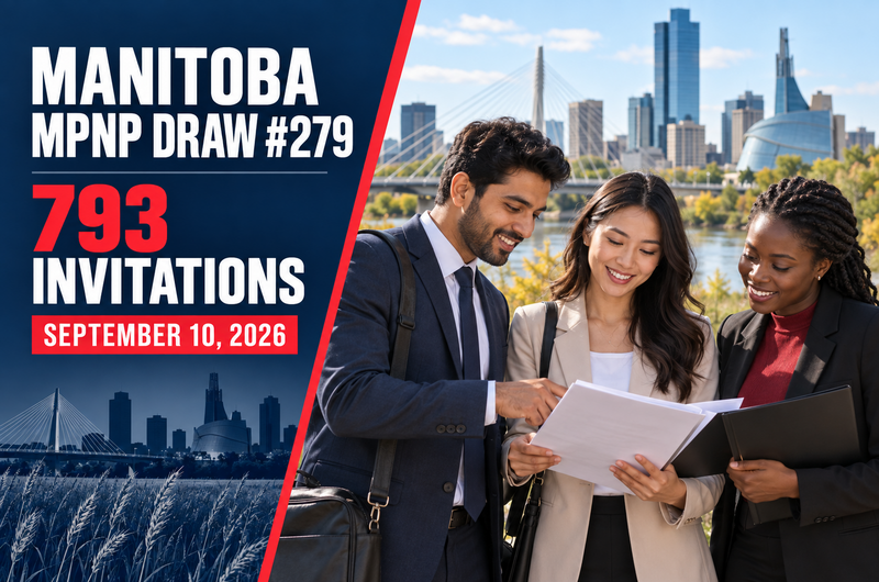 Ghasedak news graphic dated September 10, 2026 about 793 invitations in Manitoba MPNP draw 279