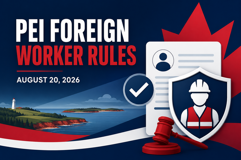Ghasedak news illustration about PEI's proposed foreign-worker employer registry dated August 20, 2026