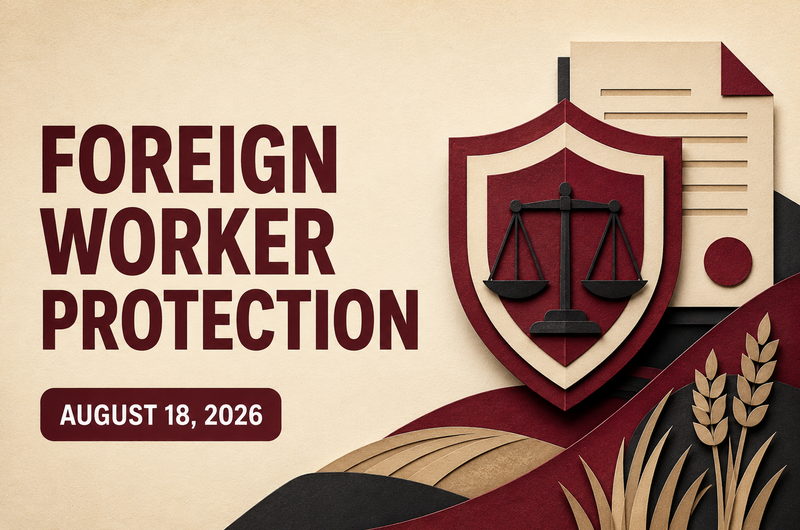 Ghasedak news illustration about Saskatchewan foreign-worker protection charges announced August 18, 2026