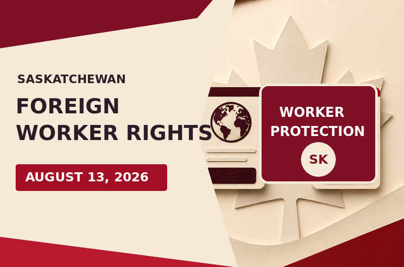 Ghasedak news graphic for Saskatchewan's August 13, 2026 foreign-worker protection conviction